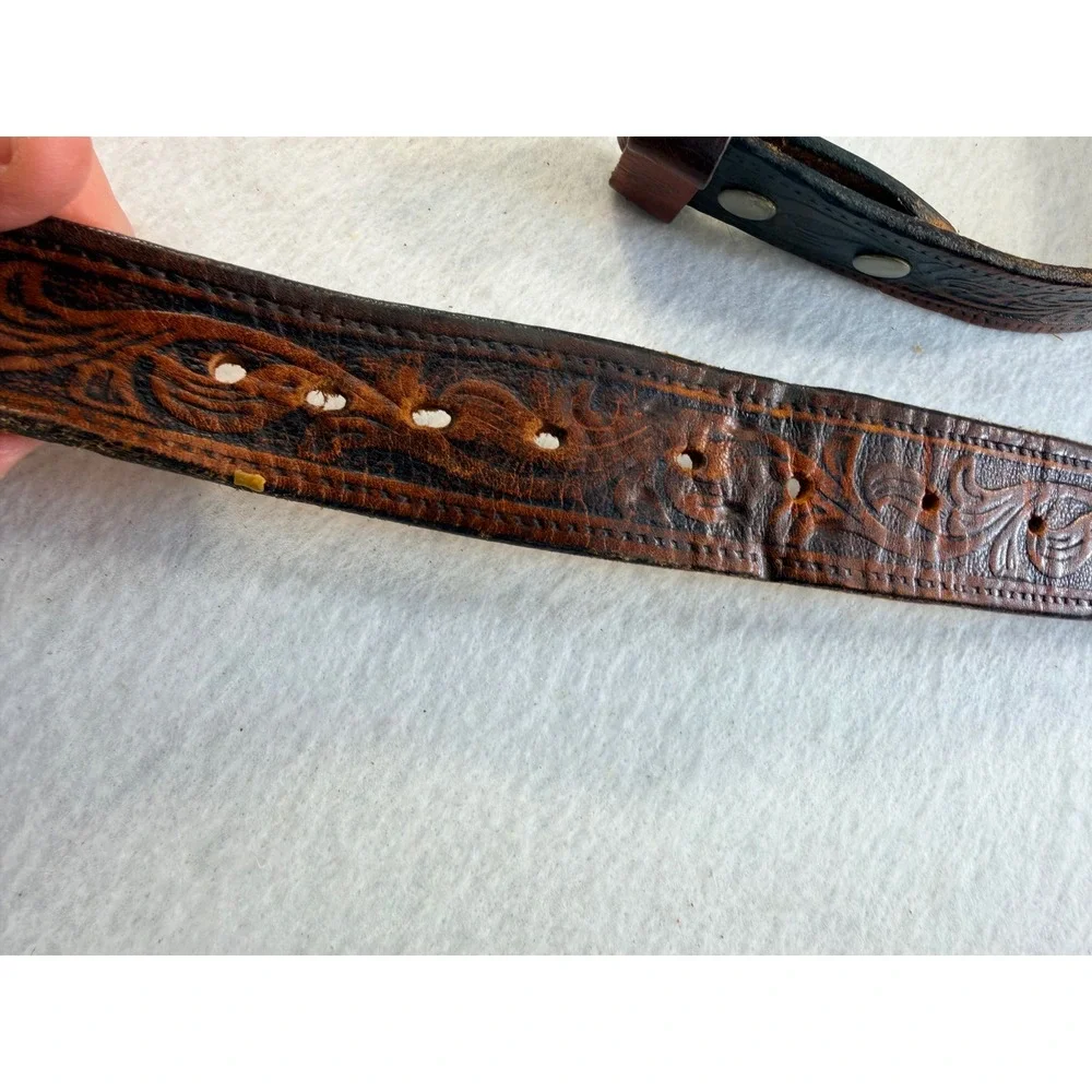 Vintage Mens Brown Tooled Leather Western Belt Strap Floral Scroll 1.5 Inch Wide